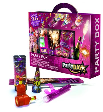 cotillons de fete, artifices d'intérieur, cotillons réveillon, artifices pour fêtes, cotillons de noel, cotillons de réveillons, cierges magiques, fontaines des glaces artifices Coffret Party Box, Cotillons et Artifices d’Intérieur