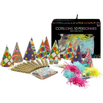 boite de cotillons réveillon, cotillons kit 10 personnes, cotillons de fete, cotillons de réveillon, cotillons noel, sarbacanes, sans gene, serpentins, cotillons pour 10 personnes, cotillons en boite, cotillons de fete Boite de Cotillons x 10 Personnes