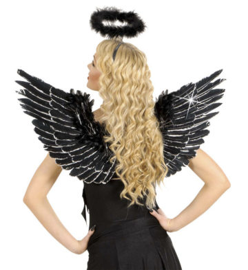 ailes de déguisement, ailes pour se déguiser, ailes d'anges noires, ailes d'ange noir, ailes en plumes, ailes noires, accessoire halloween, ailes de démon Ailes d’Ange en Plumes, Noires et Argent