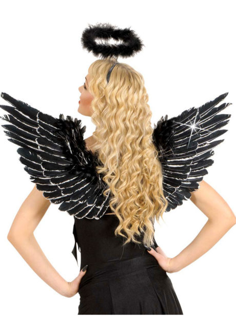 ailes de déguisement, ailes pour se déguiser, ailes d'anges noires, ailes d'ange noir, ailes en plumes, ailes noires, accessoire halloween, ailes de démon, Ailes d’Ange en Plumes, Noires et Argent