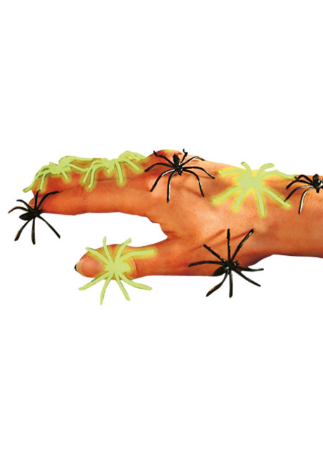 fausse araignée, araignées halloween, accessoire araignée halloween, accessoire décorations halloween, décorations araignées halloween, décorations halloween, fausses araignées noires et phosphorescentes, araignées plastique, Araignée x 6, Noires et Phosphorescentes