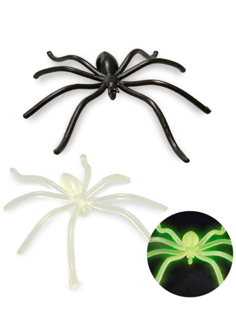 fausse araignée, araignées halloween, accessoire araignée halloween, accessoire décorations halloween, décorations araignées halloween, décorations halloween, fausses araignées noires et phosphorescentes, araignées plastique, Araignée x 6, Noires et Phosphorescentes