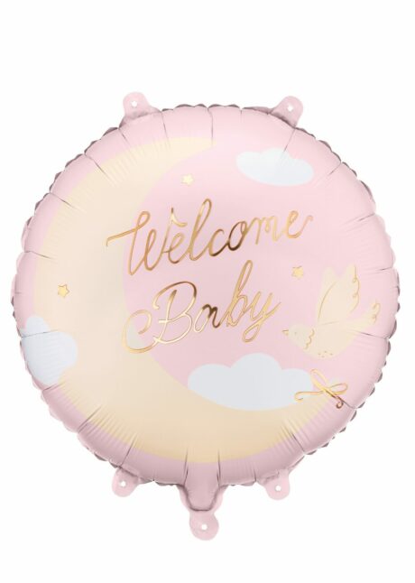 ballon baby shower fille, ballon gender reveal fille, ballon naissance fille, Ballon Baby Shower Welcome Baby Lune Rose, en Aluminium