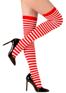 bas rayés rouges et blancs, bas halloween, accessoires halloween, bas rayures rouges, bas rayés rouges et blancs, bas rayures déguisement, bas déguisements, collants déguisements, accessoires de déguisement, bas rayures rouges et blanches, chaussettes hautes rayures rouges et blanches, Bas, Chaussettes Hautes à Rayures, Rouge et Blanc