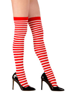 bas rayés rouges et blancs, bas halloween, accessoires halloween, bas rayures rouges, bas rayés rouges et blancs, bas rayures déguisement, bas déguisements, collants déguisements, accessoires de déguisement, bas rayures rouges et blanches, chaussettes hautes rayures rouges et blanches