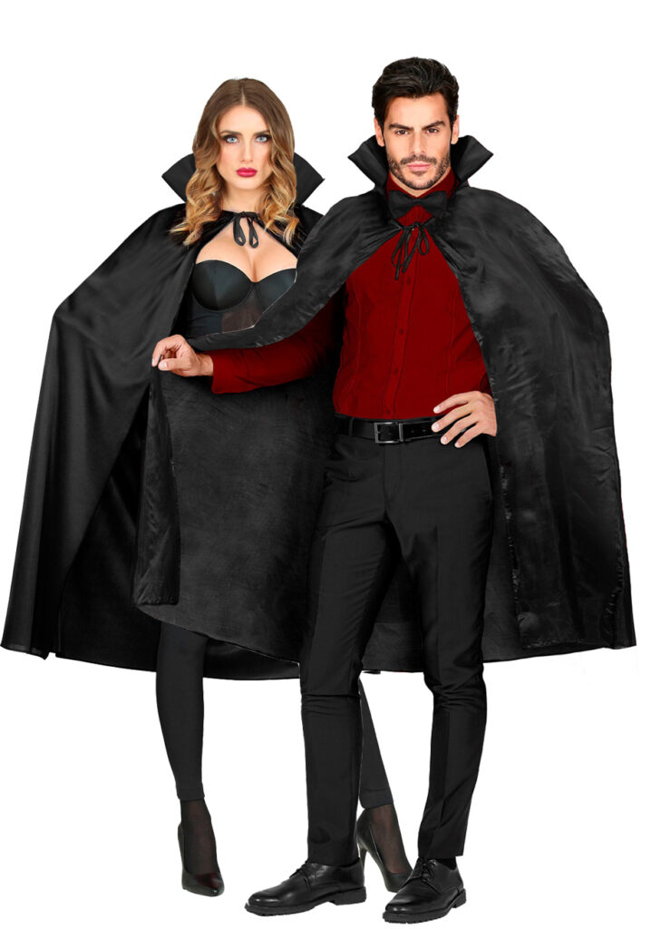 Winwild Cape Halloween – 3 Pièces : Cape Noire 120-160 Cm, Masque Dentelle, Collier Gothique – Satin, Enfant/Adulte
