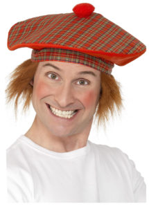 béret écossais, chapeaux humour, béret écossais avec cheveux, accessoires kilt écossais, Béret Ecossais, avec Cheveux Roux