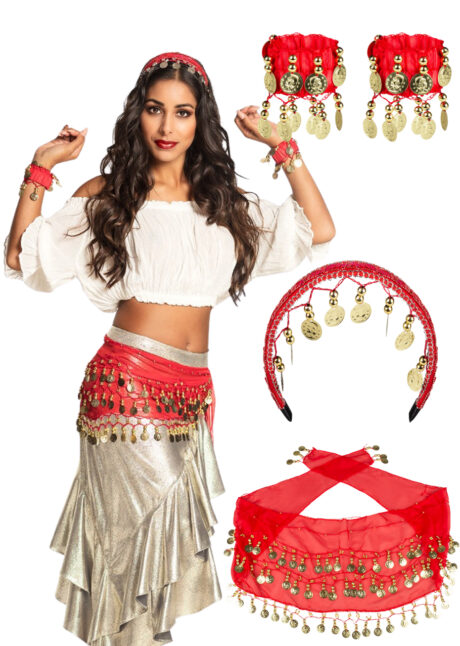 ceinture orientale rouge, kit danseuse orientale déguisement, ceinture pièces oriental, Ceinture Orientale avec Accessoires, Rouge