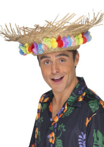 chapeaux hawaïens, chapeau hawaï, soirée hawaï, accessoires colliers de fleurs, chapeau de paille, accessoire hawaï, Chapeau Hawaï, Paille et Fleurs en Tissu