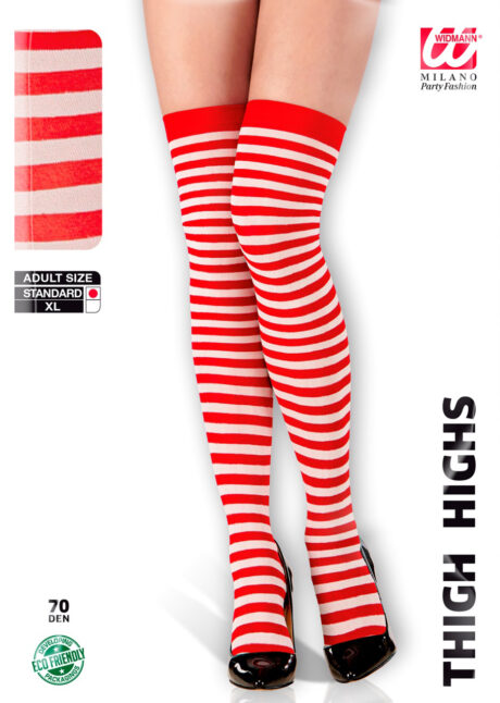 bas rayés rouges et blancs, bas halloween, accessoires halloween, bas rayures rouges, bas rayés rouges et blancs, bas rayures déguisement, bas déguisements, collants déguisements, accessoires de déguisement, bas rayures rouges et blanches, chaussettes hautes rayures rouges et blanches, Bas, Chaussettes Hautes à Rayures, Rouge et Blanc