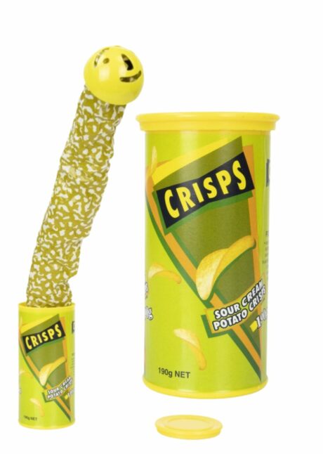 CHIPS SAUTEUSE FARCE ET ATTRAPE, boite de chips piégée, boite de chips serpentin sauteur, Boîte de Chips Piégée Serpentin Sauteur – Farce et Attrape