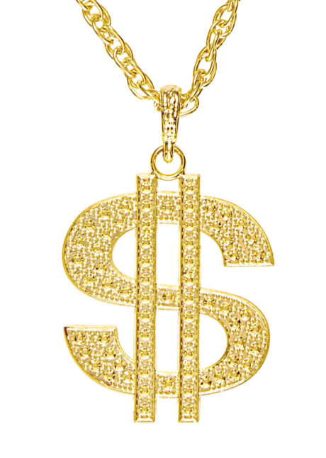 collier dollar, collier dollar déguisement, collier dollar bling bling, pendentif collier dollar, collier déguisements, bijoux de déguisements, accessoire bling bling, accessoire américain, collier dollar doré, Collier Dollar Doré, Chaîne Gros Maillons