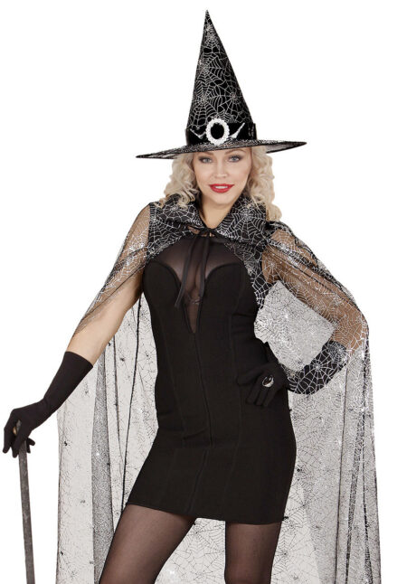 cape Halloween avec capuche, Cape de Sorcière, Toile d’Araignée Glitter + Chapeau