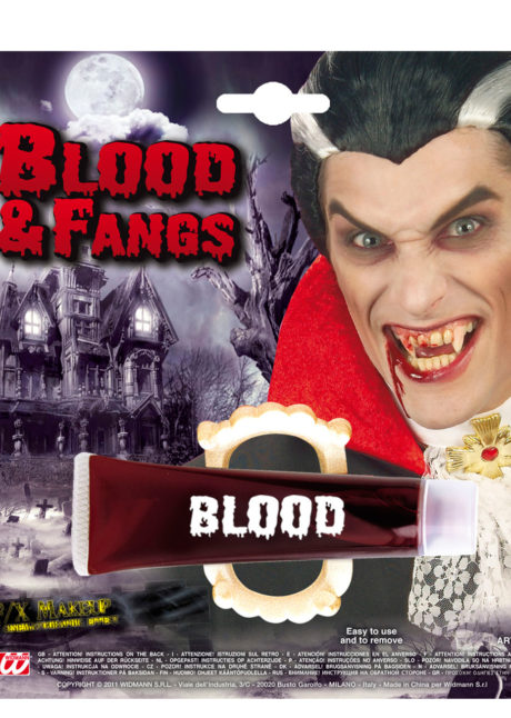 faux sang, dents de vampire, tube de faux sang, Faux Sang en Gel + Dentier