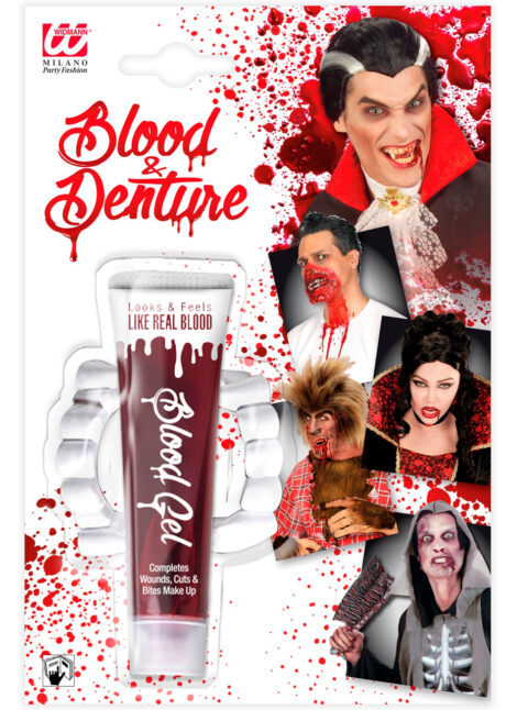 faux sang, dents de vampire, tube de faux sang, Faux Sang en Gel + Dentier