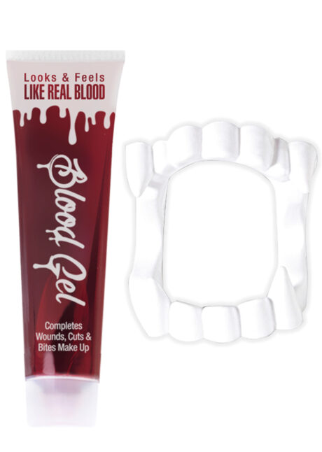 faux sang, dents de vampire, tube de faux sang, Faux Sang en Gel + Dentier