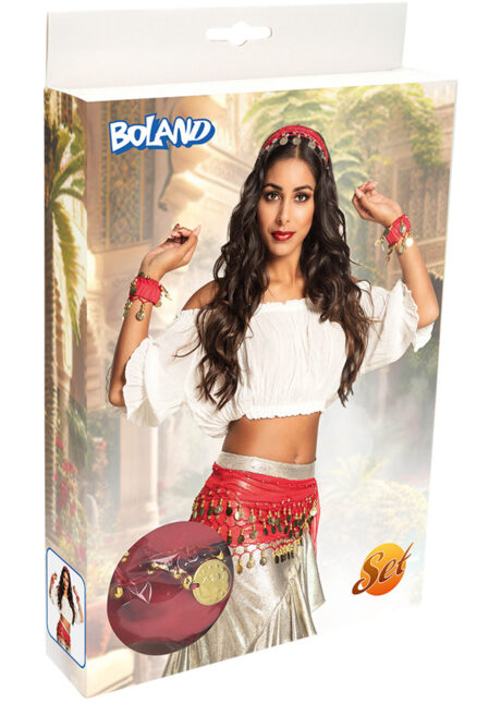 ceinture orientale rouge, kit danseuse orientale déguisement, ceinture pièces oriental, Ceinture Orientale avec Accessoires, Rouge