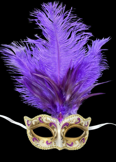 loup vénitien à plumes, masque vénitien plumes, masque vénitien paillettes, Giaco à Plumes, Paillettes Violettes et Or, Vénitien Fait Main