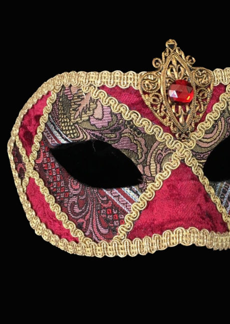 masque vénitien, masque carnaval de Venise, loup vénitien, masque vénitien, masque carnaval de venise, Masque Loup Vénitien Arlecchino Stoffa, Passementerie Rouge