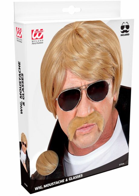 perruque blonde homme, perruque blonde avec moustache, perruque agent secret homme, perruque blonde pour homme, perruque homme, Perruque Blonde – avec Lunettes et Moustache