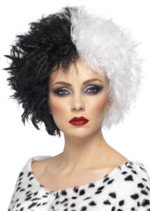 perruque cruella, perruque de cruella pour femme, perruque halloween, perruque noire et blanche