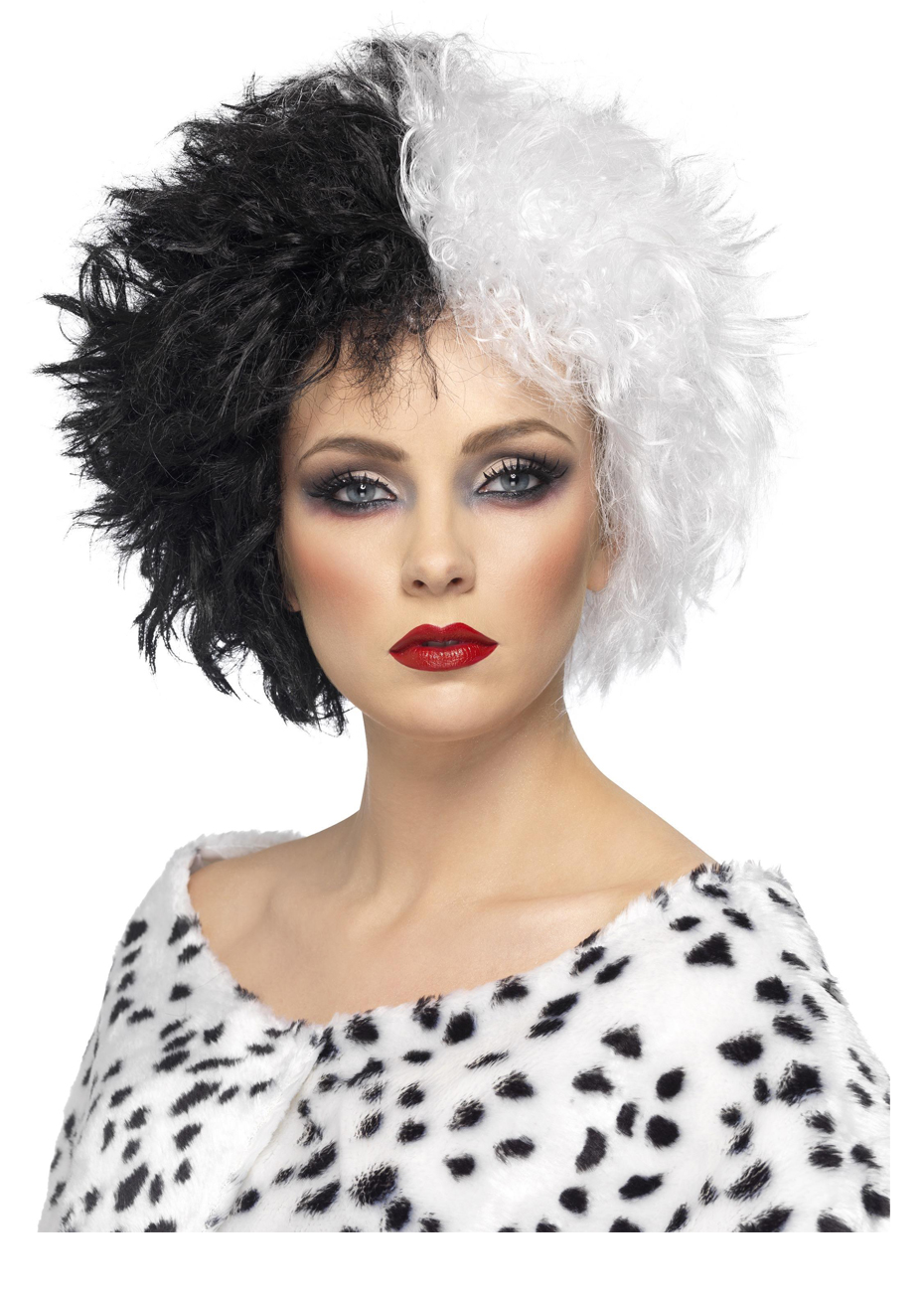 HIQE-FL Cruella Costume Halloween Costume,Carnaval Cruella Deville,Cruella Perruque Courte Noire Blanche,Perruque Accessoires Avec Dentelle Masque Gants,Pour Halloween, Carnaval, Cosplay, Fête