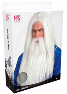 perruque sorcier, perruque blanche avec barbe, perruque gandalf, Perruque Blanche Très Longue avec Barbe, Sorcier ou Merlin