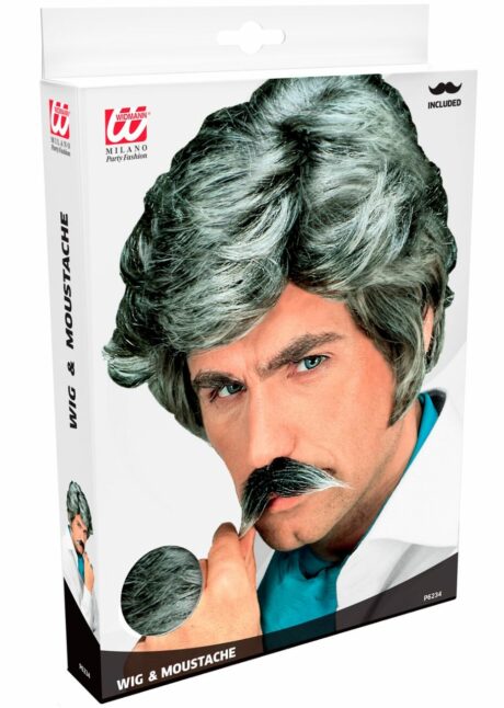 perruque pour homme, perruque pas chère, perruque de déguisement, perruque homme, perruque grise, perruque années 70, Perruque PlayBoy Grise Années 70 – avec Moustache