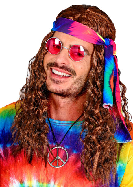 perruque hippie, perruque de hippie châtain, perruque hippie longue, Perruque Hippie Ondulée, Châtain, avec Bandeau