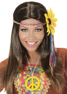 perruque hippie femme, perruque châtain femme, perruque cheveux longs châtain, Perruque Hippie Marguerite, Châtain
