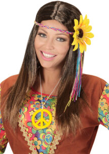 perruque hippie femme, perruque châtain femme, perruque cheveux longs châtain