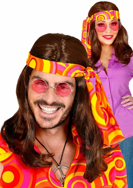 perruque de hippie, perruque années 70, perruque mixte homme et femme, Perruque Hippie Châtain Années 70 – avec Bandeau