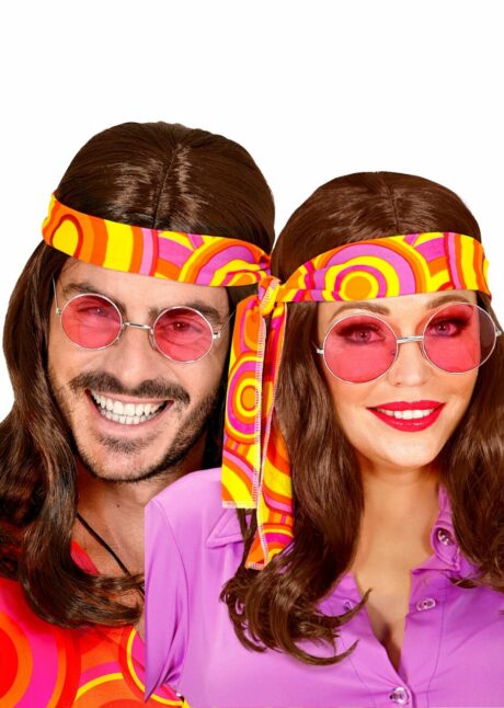 perruque de hippie, perruque années 70, perruque mixte homme et femme, Perruque Hippie Châtain Années 70 – avec Bandeau