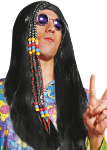 perruque hippie homme, perruque hippie noire, perruque cheveux longs homme, Perruque Hippie Man Perles, Noire