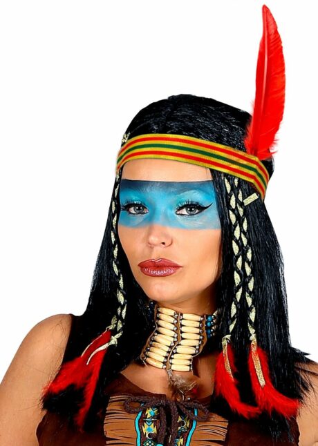 perruque indienne, perruque femme, perruque d'indienne pour femme, perruque cheveux noirs, Perruque d&rsquo;Indienne Noire Cheyenne, avec Bandeau et Plumes