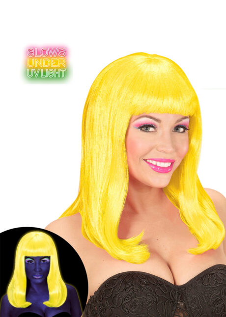perruque jaune fluo, perruque fluo, perruque phosphorescente, Perruque Fluo Patsy, Jaune Fluo UV