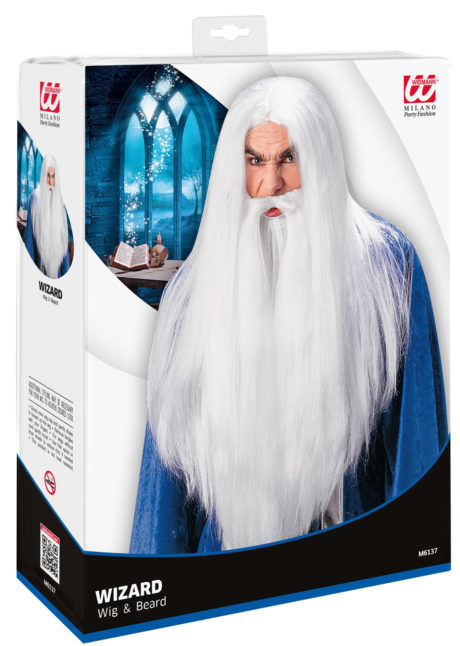 perruque merlin, perruque et barbe blanche, perruque druide, perruques hommes, perruque de magicien, Perruque + Barbe, Druide Merlin, Blanche