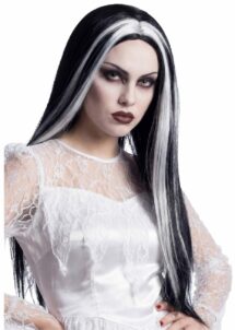 perruque morticia, perruque mortisia, perruque femme Halloween, Perruque Noire Longue à Mèches Blanches, Longue