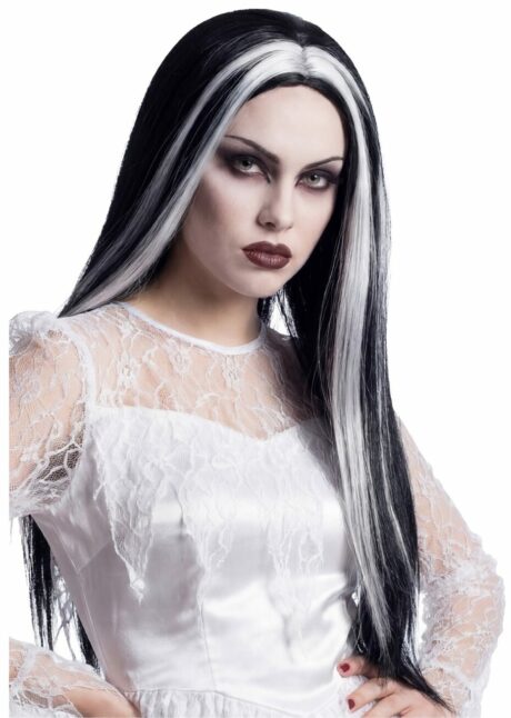 perruque morticia, perruque mortisia, perruque femme Halloween, Perruque Noire Longue à Mèches Blanches, Longue