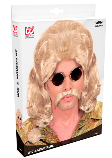 perruque mullet, perruque mulet, perruque homme, perruque disco, Perruque Disco Man, avec Moustache, Blonde
