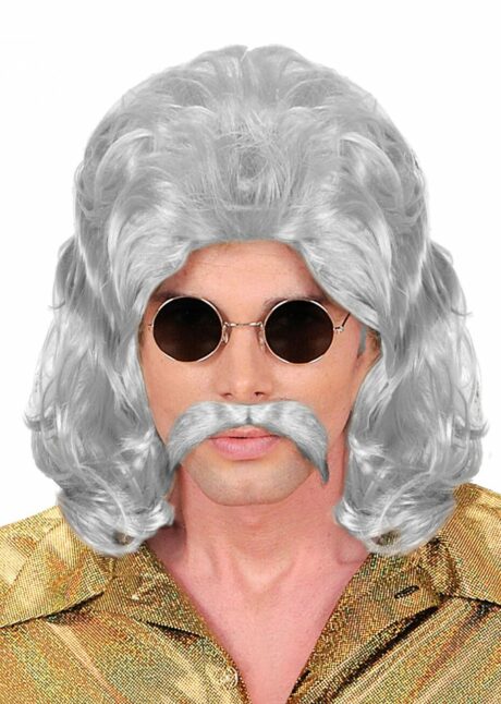perruque mullet, perruque mulet, perruque grise mulet, perruque disco, perruque disco homme, Perruque Disco Mulet Grise – avec Moustache