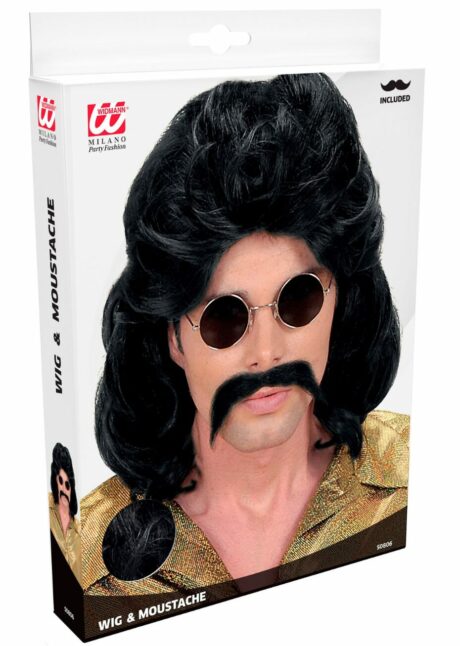 perruque mulet, perruque noire disco, perruque années 70 homme, Perruque Disco Mulet Noire – avec Moustache