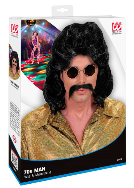 perruque mullet, perruque mulet, perruque homme, perruque disco, perruque disco homme, Perruque Disco 70’s Man + Moustache, Noire