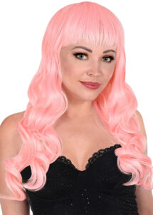 perruque rose longue frange, perruque rose femme, perruque lavable