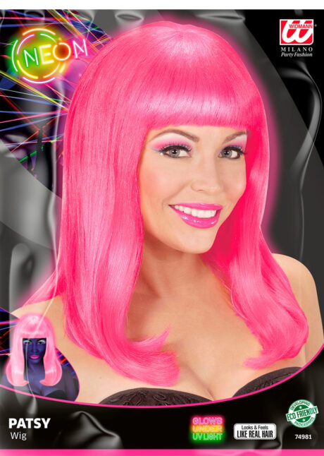 perruque rose fluo, perruque fluorescente, perruque phospohorescente, perruque rose, Perruque Fluo Patsy, Rose Fluo UV