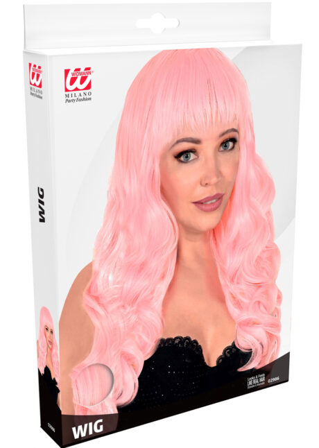 perruque rose longue frange, perruque rose femme, perruque lavable, Perruque Bella, Rose Pâle, Qualité Supérieure
