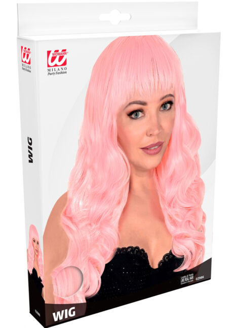 perruque rose longue frange, perruque rose femme, perruque lavable, Perruque Bella, Rose Tendre, Qualité Supérieure