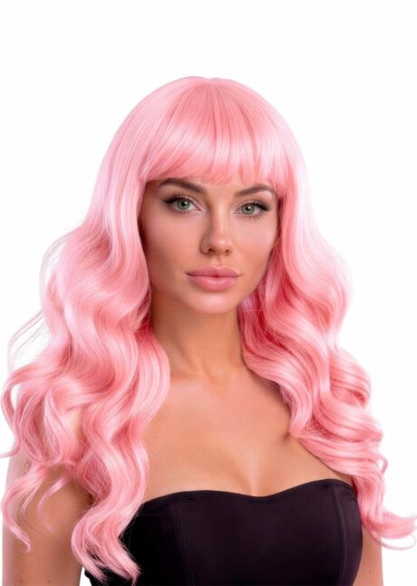 perruque rose longue à frange, perruque longue rose, perruque lavable, Perruque Bella, Rose Pâle