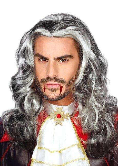 perruque homme, perruque grise, perruque de vampire, perruque dracula, Perruque Vampire Grise – Cheveux Ondulés