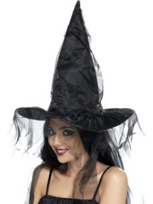 chapeau de sorcière, chapeaux de sorcières, chapeaux halloween, accessoires déguisements de sorcière, Chapeau de Sorcière, Tulle Noir